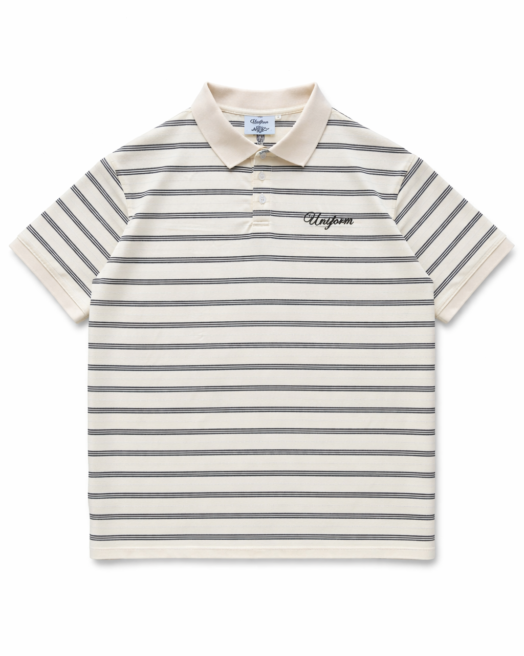 Striped polo shirt with brand logo on a white background