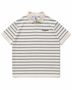 Striped polo shirt with brand logo on a white background